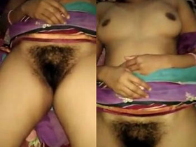 Desi wife displays hairy and moist vagina along with her creamy breasts