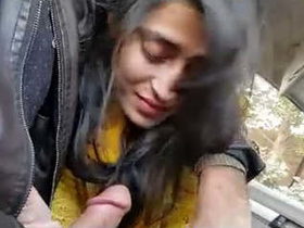 Busty girlfriend gives a blowjob in the car