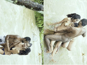 Outdoor threesome with a beautiful Indian girl in a river